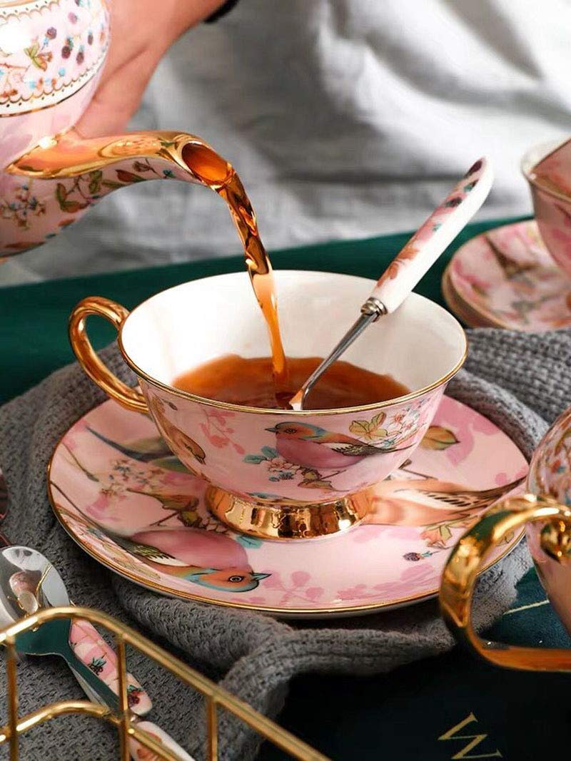 Eplze YBK Tech Euro Style Cup& Saucer Set Art Bone China Ceramic Tea Coffee Cup for Breakfast Home Kitchen- Birds and Trees Patterns (Light Pink) - Image 2